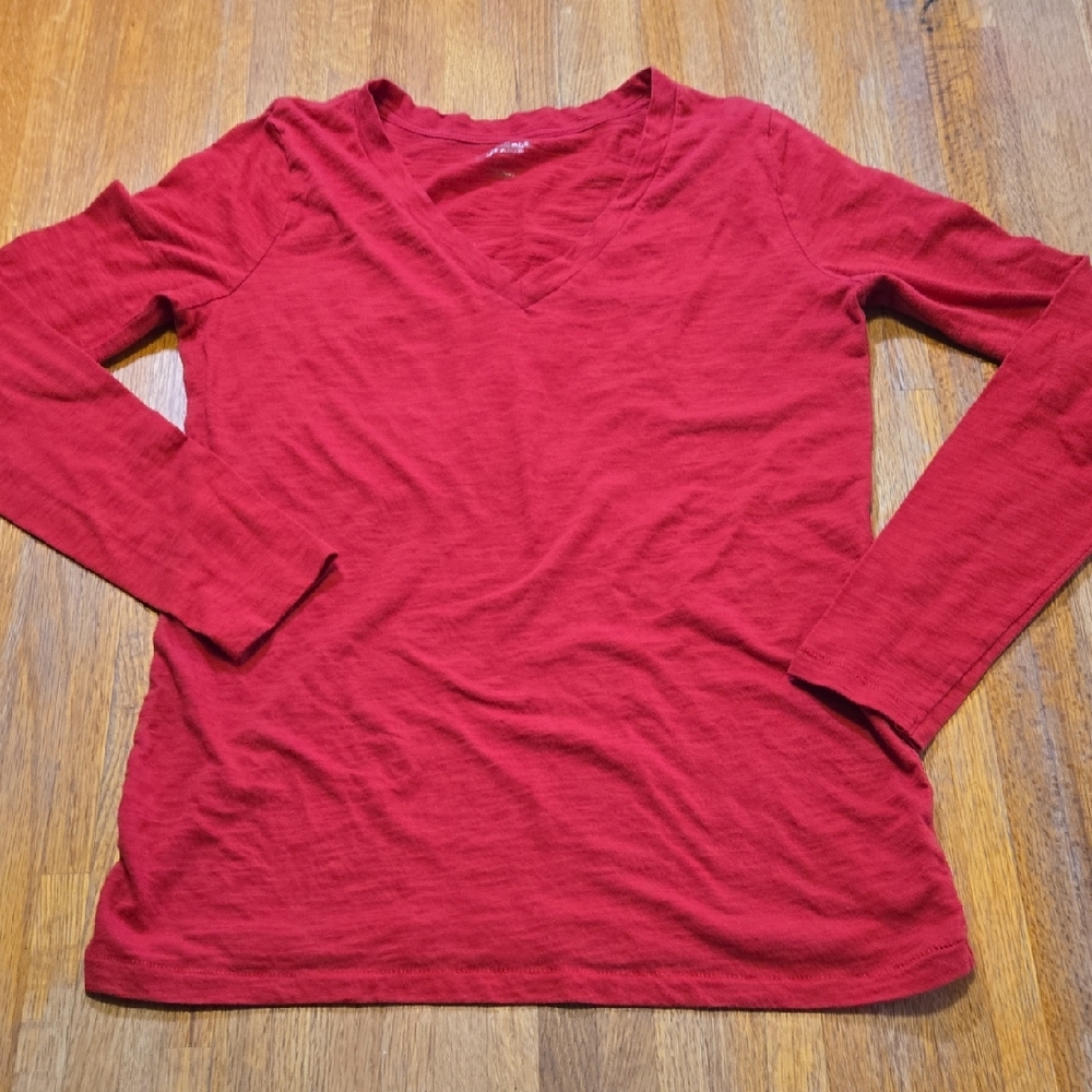 Arizona Jean Company Women Large Solid Red V-Neck Long Sleeve Casual Shirt